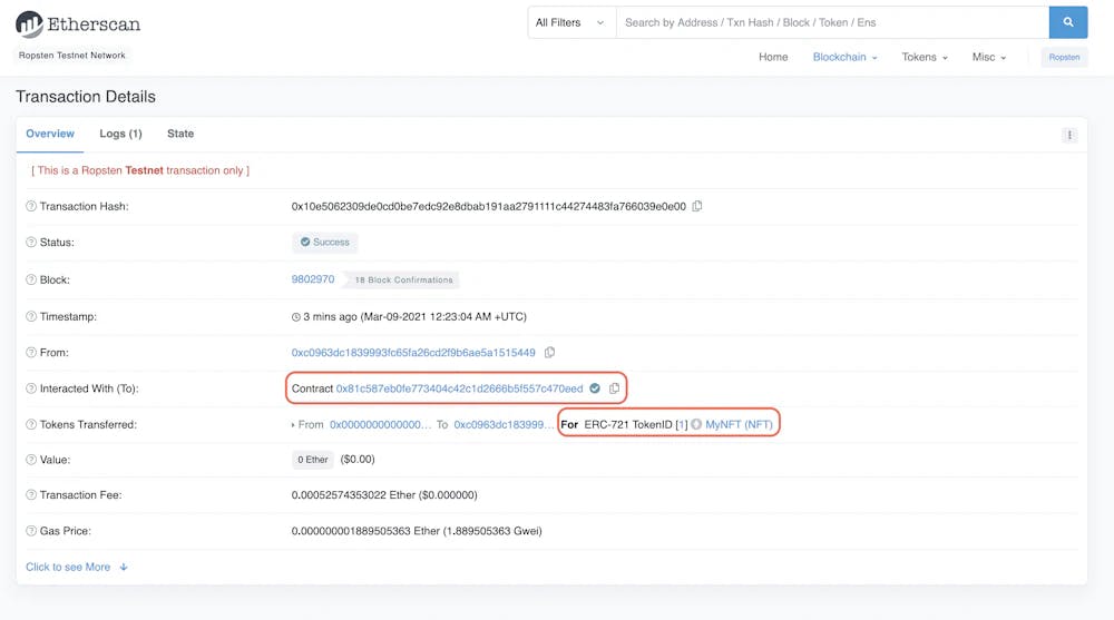 Example of Token ID on Etherscan.