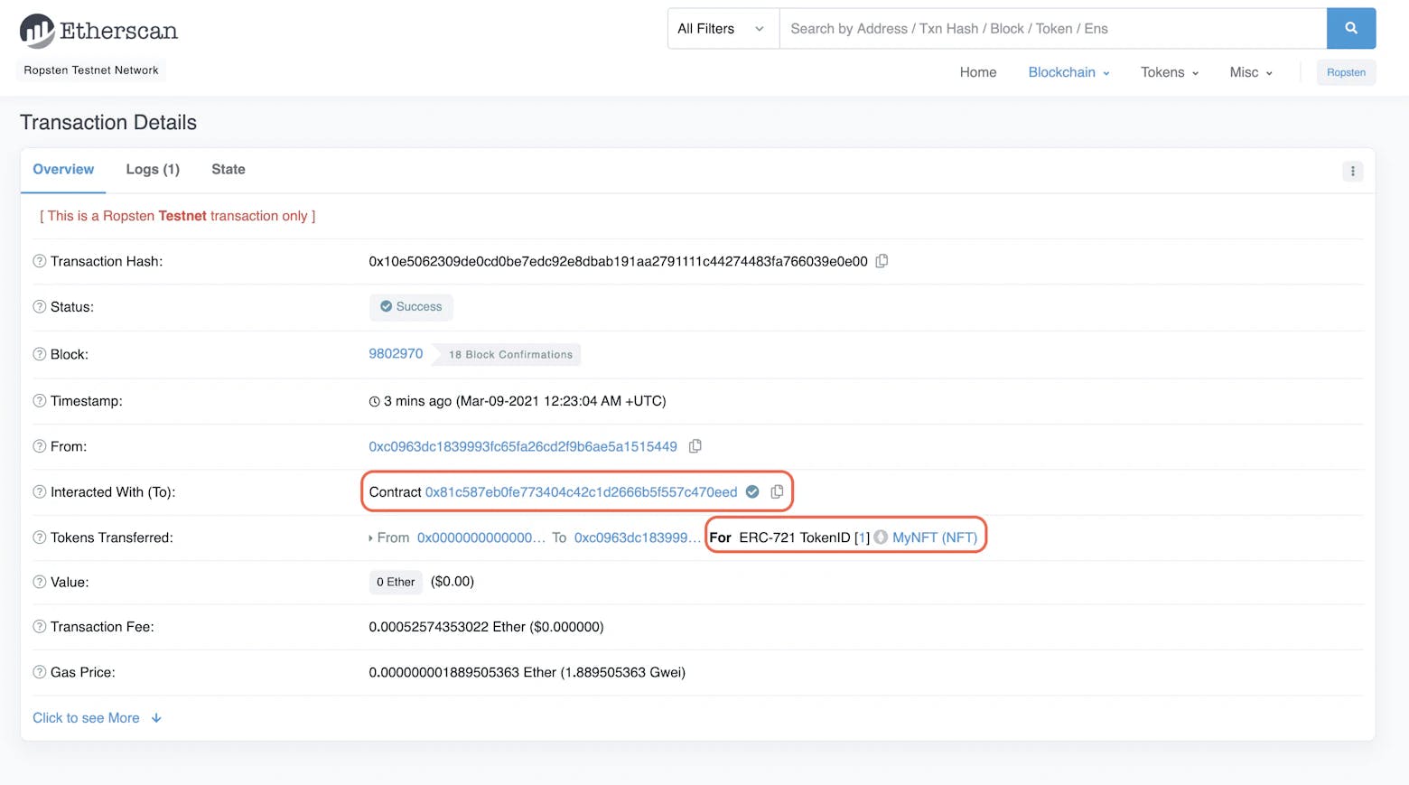 Example of Token ID on Etherscan.